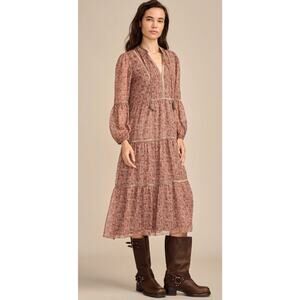 Lucky Brand Boho Floral Metallic Stripe Tiered Midi Dress Women’s Medium NWT